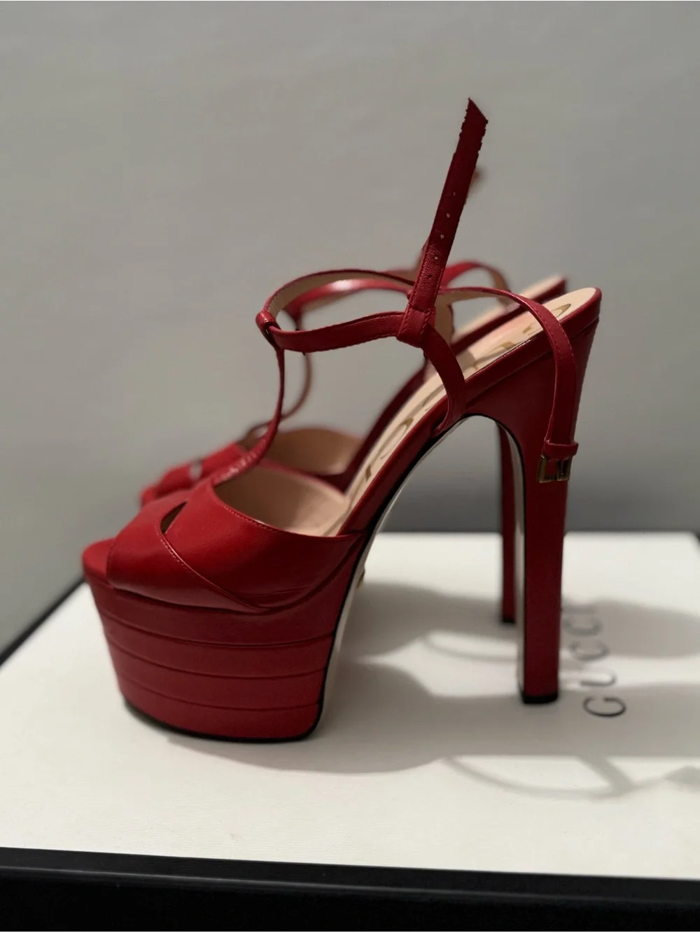 Gucci Red Leather Platform T-Strap Sandals
